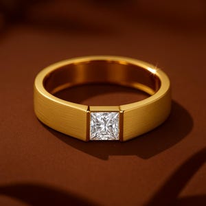 Square Cut Lab Grown Diamond Men’s Ring | 14k Solid Gold Solitaire | Modern Engagement Wedding Band Jewelry Gift for Him