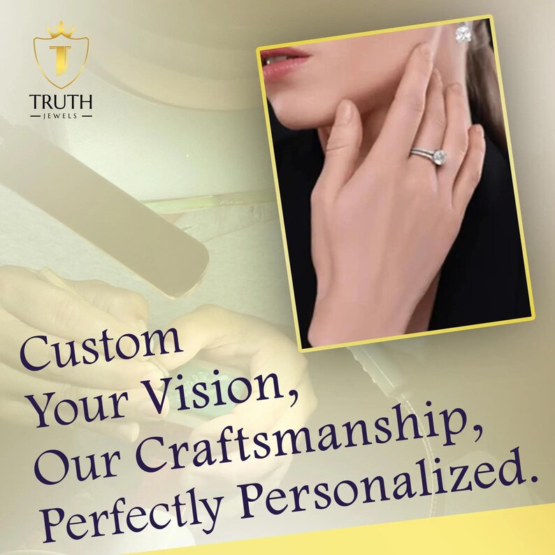May include: A woman's hand wearing a silver ring with a large, round, clear gemstone. The image also shows a matching earring. The text reads: "Custom Your Vision, Our Craftsmanship, Perfectly Personalized."