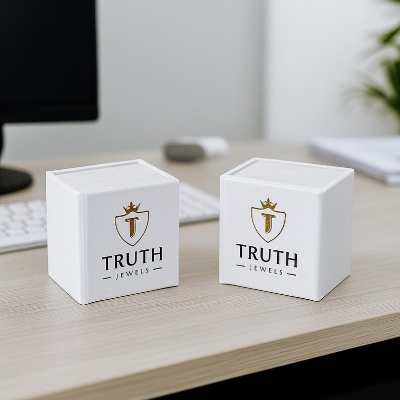 Puede incluir: Dos cajas cuadradas blancas con texto dorado y un logotipo que dice "TRUTH - JEWELS". El logotipo presenta una corona sobre la letra "T" dentro de un escudo. Las cajas est&aacute;n sobre una superficie de madera clara.