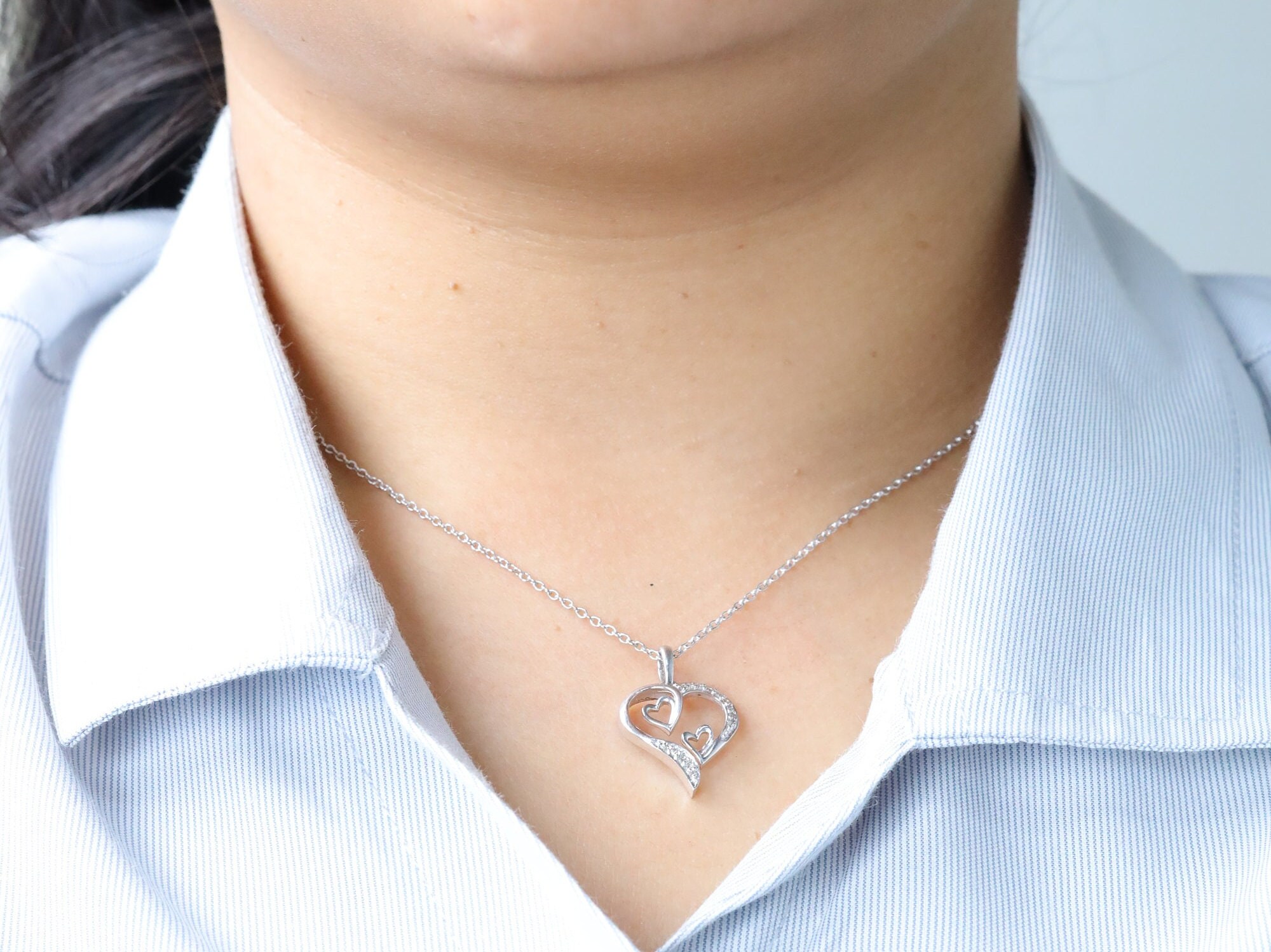 14k Gold Diamond Heart Necklace Sterling Silver Three Heart