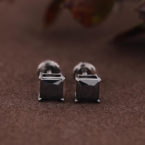 Princess Cut Black Diamond Stud Earrings, Sterling Silver, Gold, Minimalist Square (0.50-2.00 CTW)