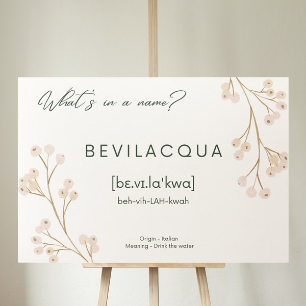 Wedding custom sign, family name, custom design, printable digital download - Blush flowers - linguist created, pronunciation guide -