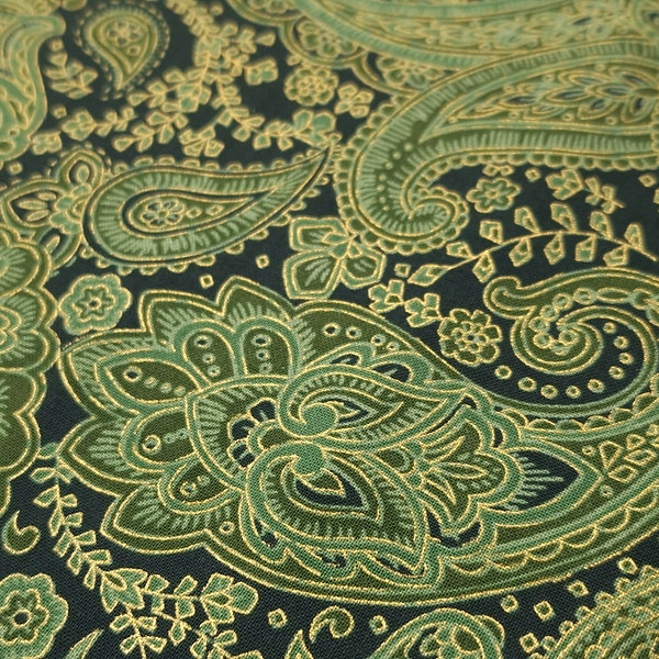 Fancy Paisley Green & Gold Metallic Quilting Cotton Fabric Timeless Treasures FLEUR-CM1002 GREEN