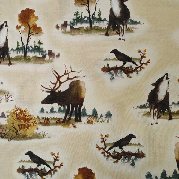 Wolf Elk & Raven Cream Quilting Cotton Fabric Michael Miller