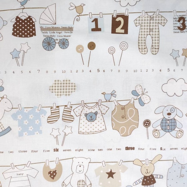 Baby Clothesline Brown Blue & White Quilting Cotton Fabric Marcus Fabrics Itty Bitty Baby