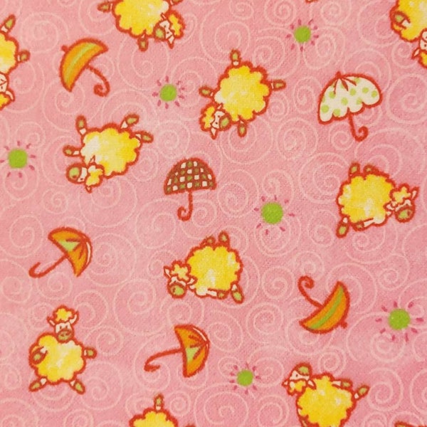 Yellow & Pink Dancing Sheep Print Cotton Flannel Fabric Blank Quilting