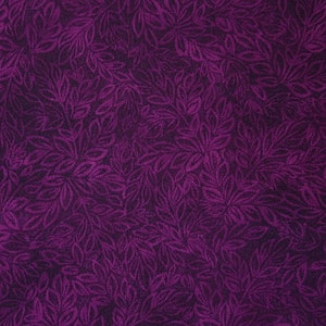 May include: Purple fabric with a repeating pattern of dark purple leaves.