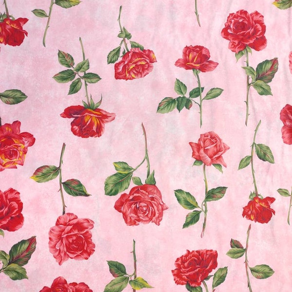 Red Rose on Pink Floral Quilting Cotton Fabric Northcott