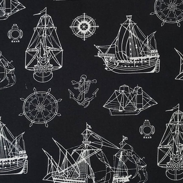 Ships Nautical Black & White Quilting Cotton Fabric Ships Boats Compass Anchor Trans Pacific