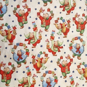 Dancing Winter Bears on White Quilting Cotton Fabric Stars Presents