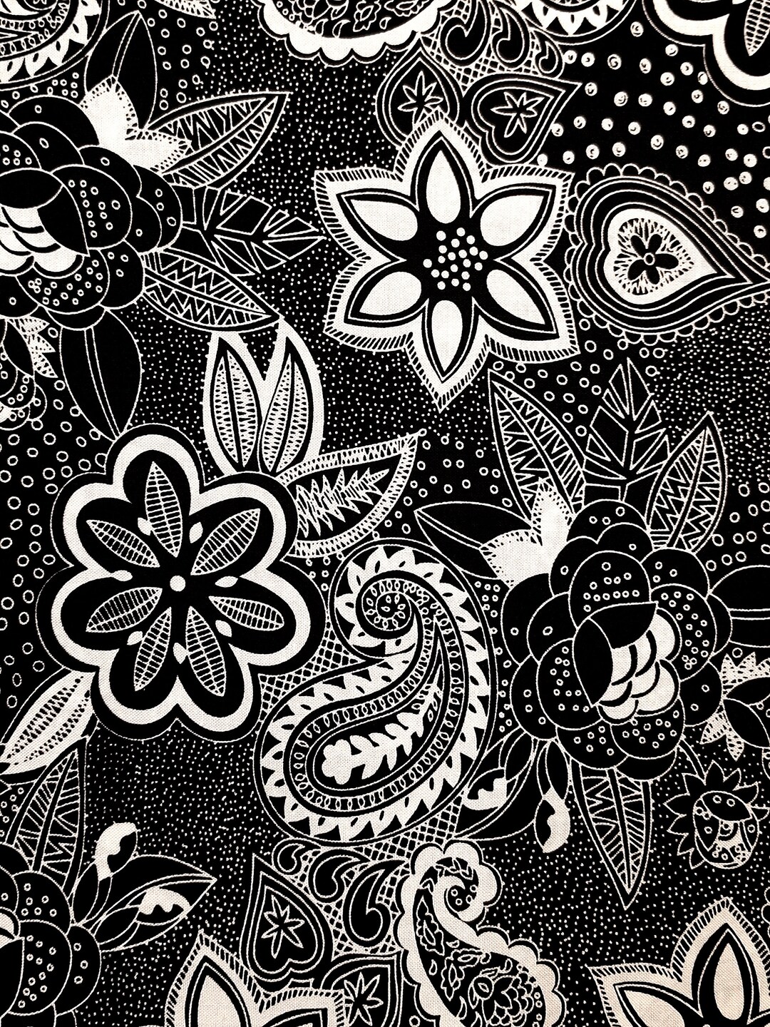 Floral Paisley Black & White Quilting Cotton Fabric Blank Quliting BTR4407 Sold by the Half