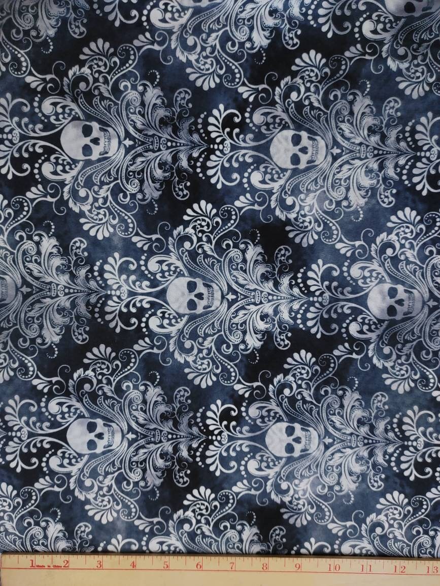 Scull Scroll Dark Blue-gray Quilting Cotton Fabric Timeless Treasures ...