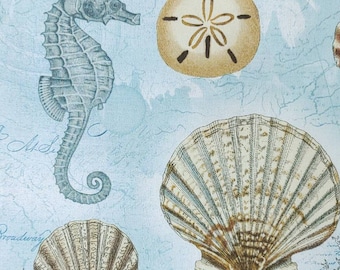 REMNANT Blue Seashell Quilting Cotton Fabric David Textiles Ocean Life RR-3102-4C