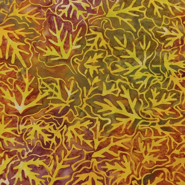 Autumn Leaf Print Batik Cotton Fabric Yellow, Brown, Olive, & Plum Colors