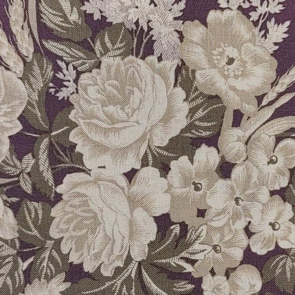 Cabbage Rose Floral Dusky Purple Green and Beige Quilting Cotton Fabric Marcus Fabrics