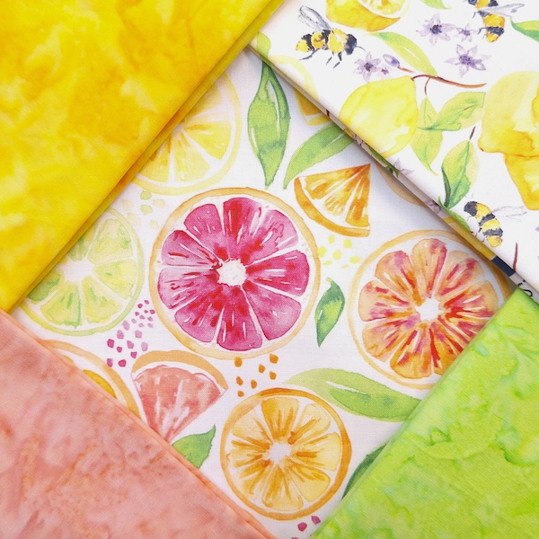 Citrus Splash Lemon Lime Grapefruit Orange Curated Fat Quarter Bundle Quilting Cotton Fabric 5 Fat Quarters