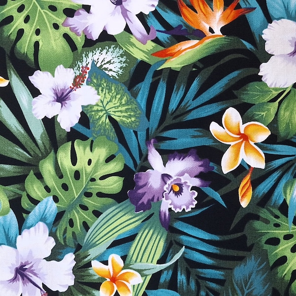 Hawaiian Hibiscus & Frangipani Tropical Leaves Orchid Bird of Paradise Purple Orange Green on Black Quilting Cotton Fabric Trans Pacific