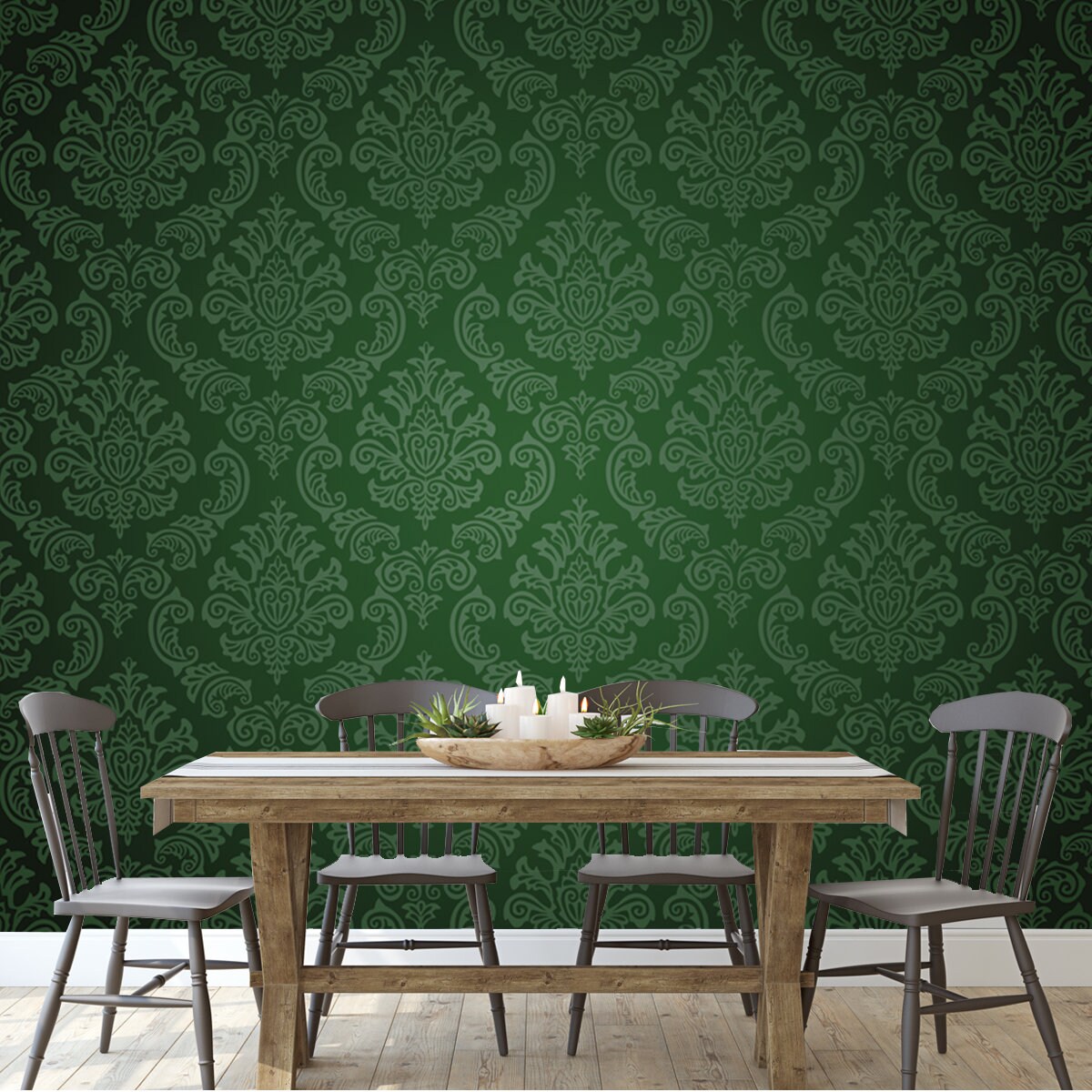 Damask Background Dark Green Wallpaper Dining Room Mural Etsy