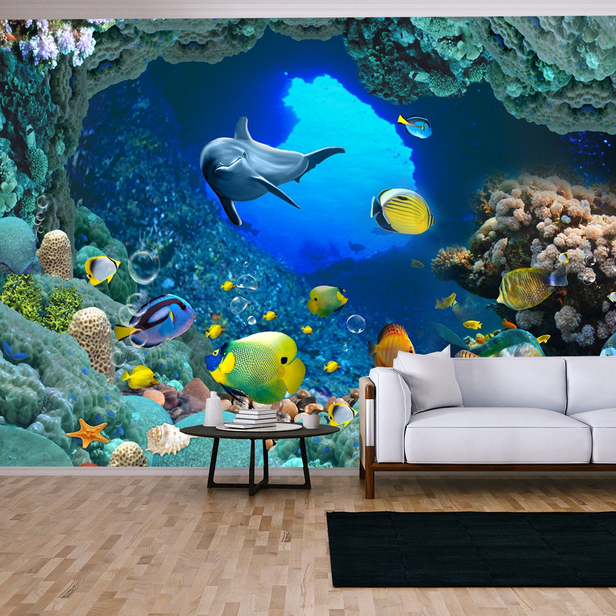 Underwater Fish Aquarium Illustration Background Wallpaper Living Room Mural