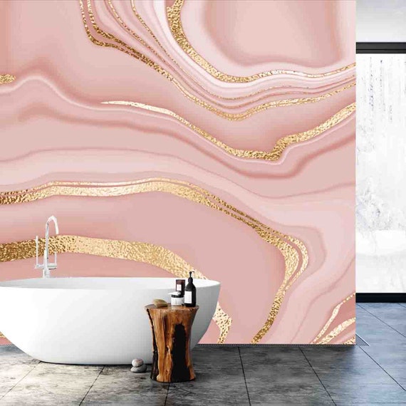 Pink and Gold Marble Wallpaper Bathroom Mural Etsy