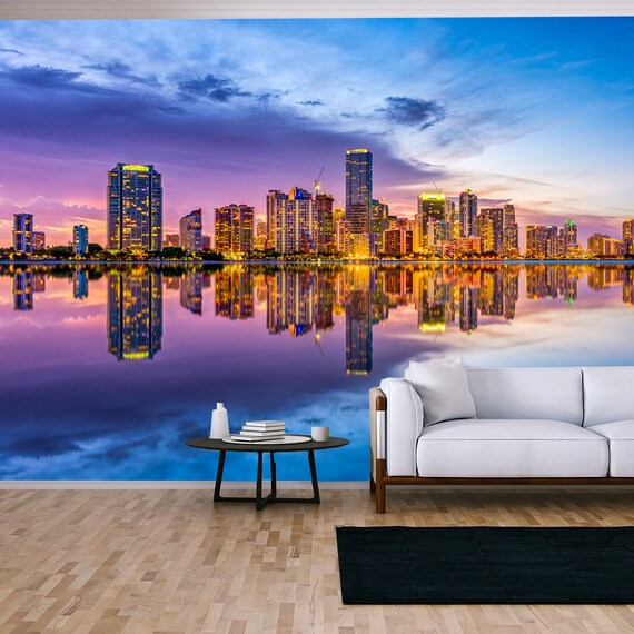 Miami Florida USA Skyline on Biscayne Bay Wallpaper Living - Etsy