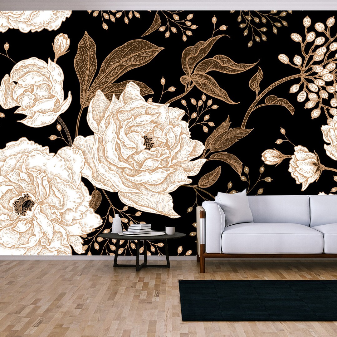 Peonies and Roses. Floral Vintage Seamless Pattern. Gold and White ...