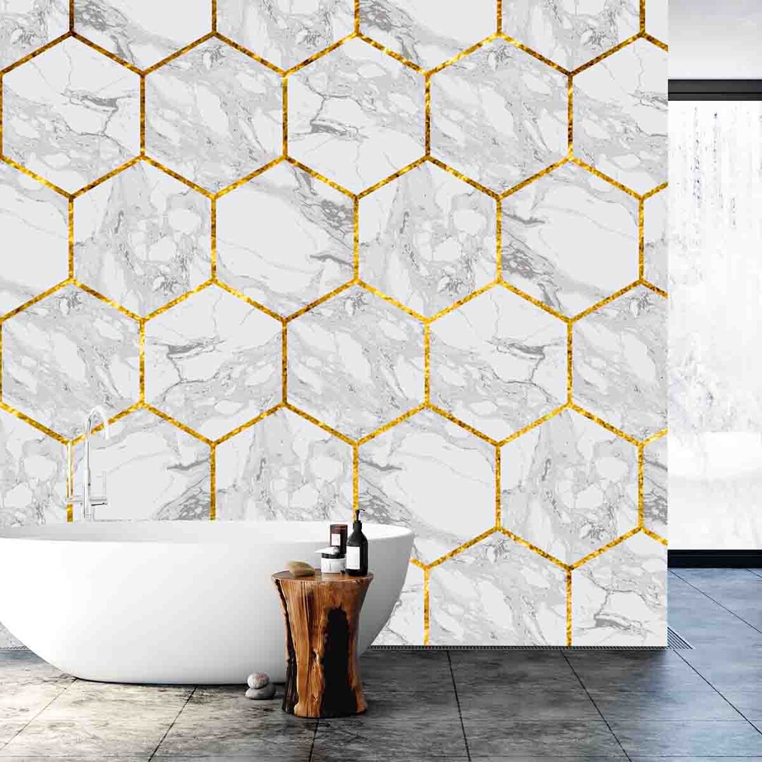 White and Gold Hexagon Wallpaper Bathroom Mural Etsy