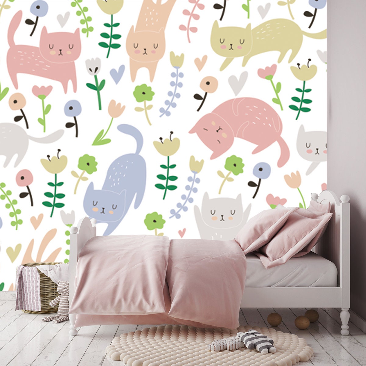 Cute Seamless Background With Funny Cats and Flowers in - Etsy