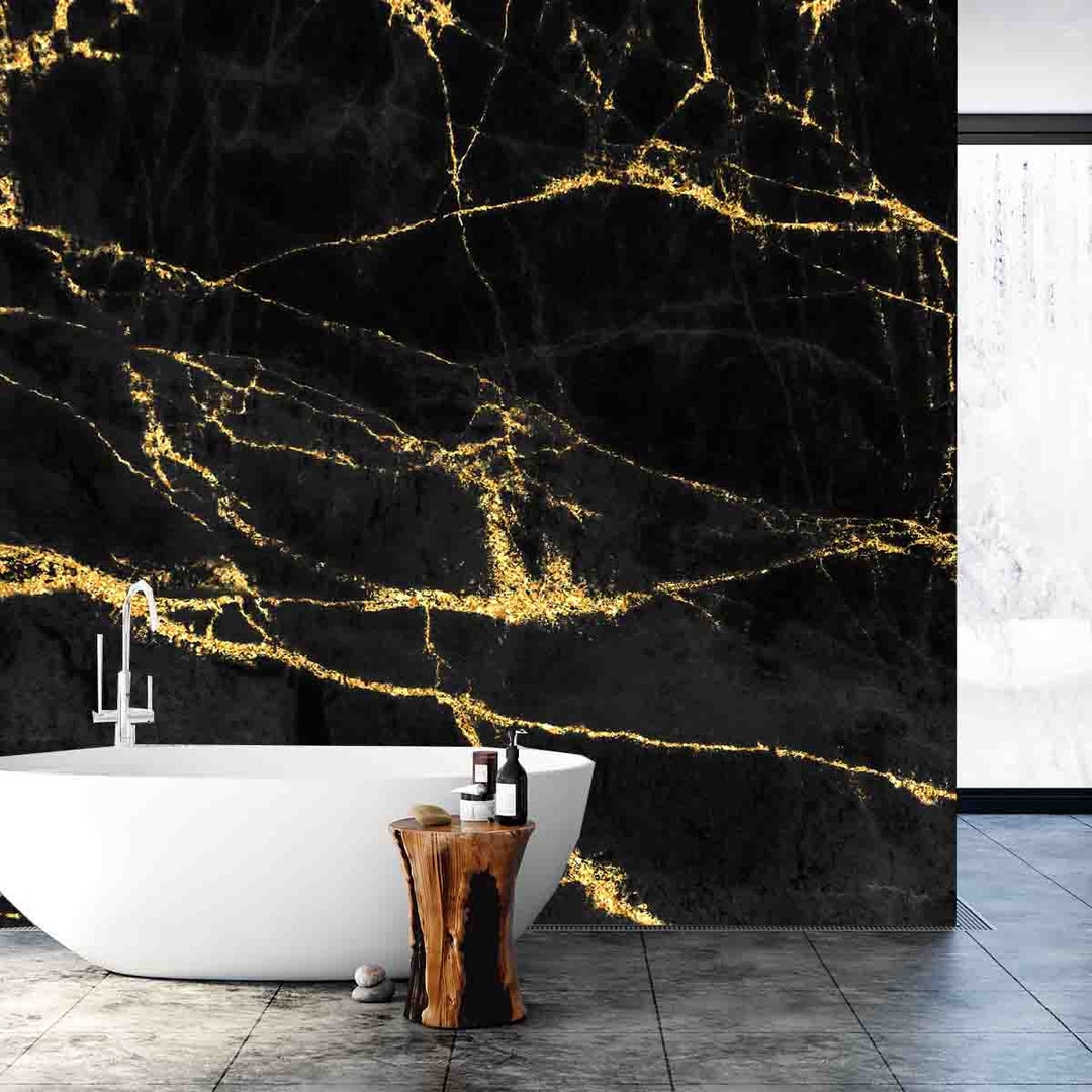 Black and Gold Marble Wallpaper Bathroom Mural Etsy