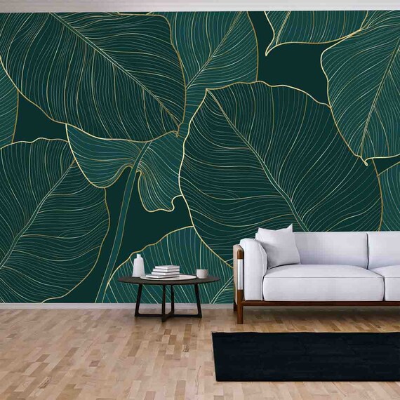 Luxury Gold and Nature Green Wallpaper Living Room Mural | Etsy