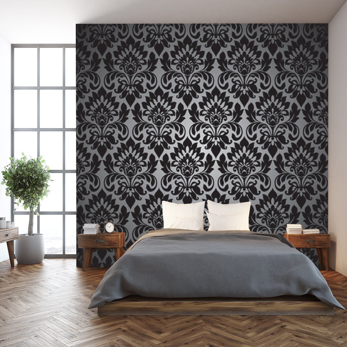 Black and Gray Vintage Wallpaper Bedroom Mural Etsy