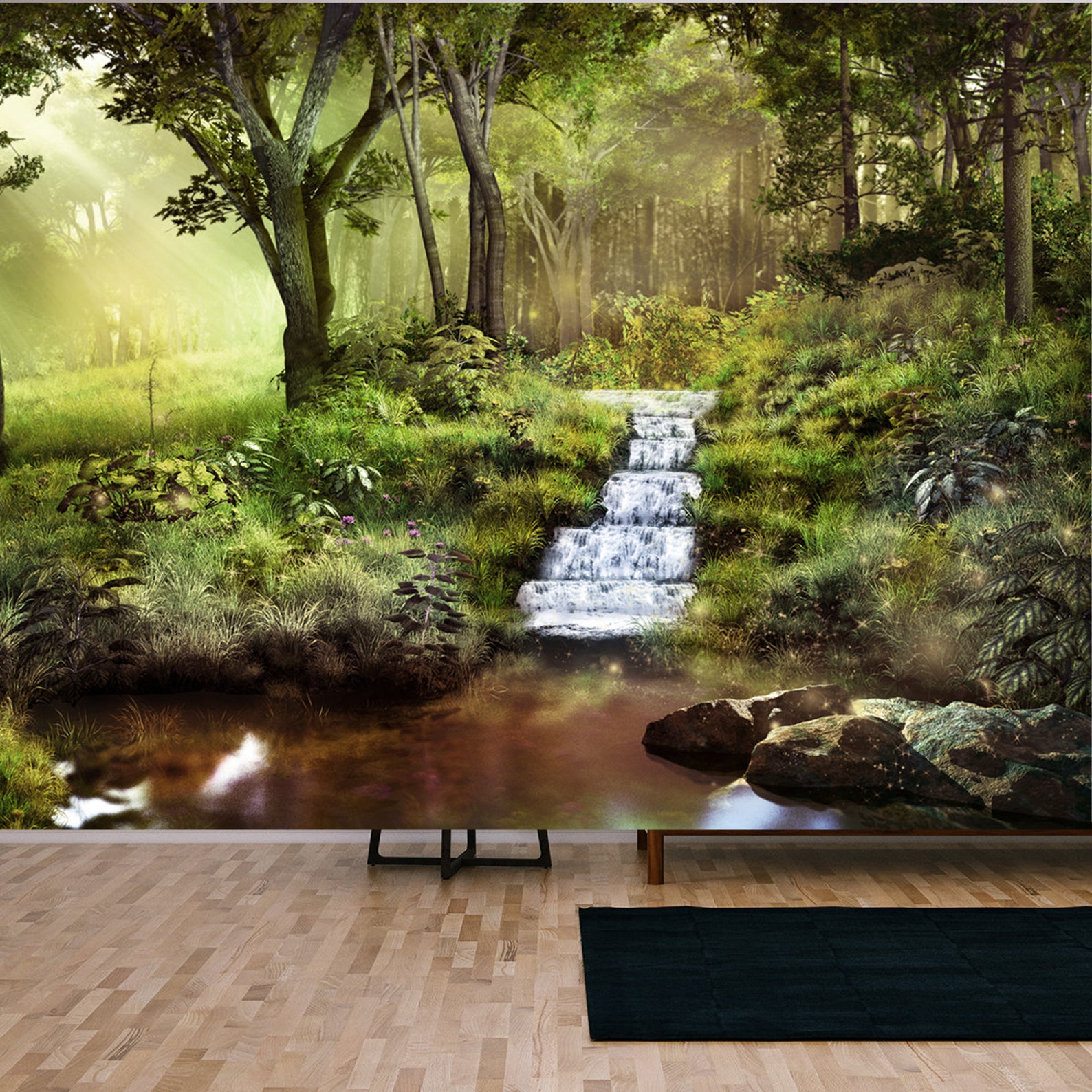 Fantasy Scenery With Pond, Waterfall and Forest Wallpaper Living Room ...