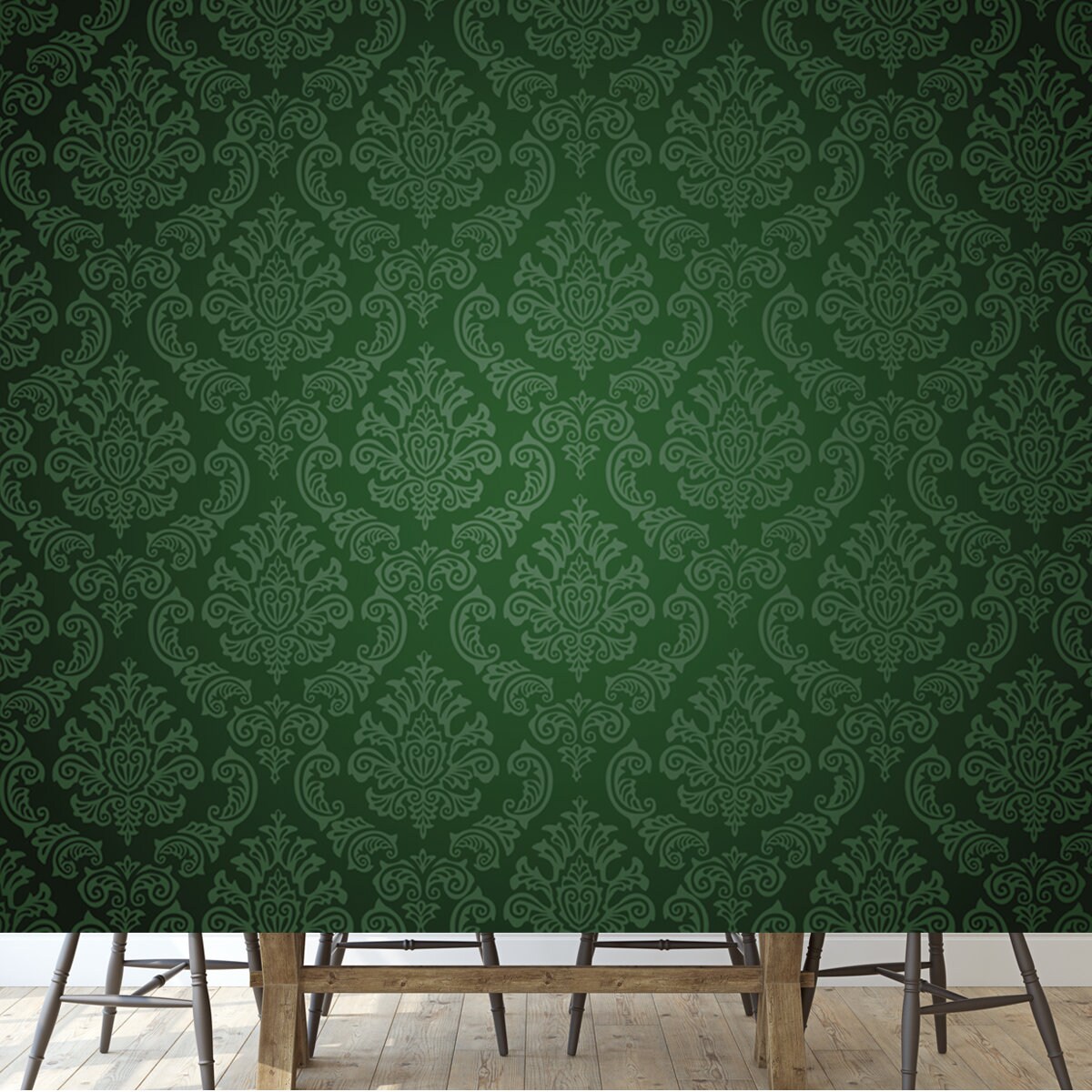 Damask Background Dark Green Wallpaper Dining Room Mural Etsy