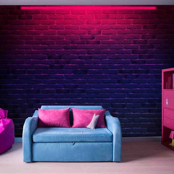 Brick Wall With Pink Neon Light Wallpaper Teen Girl Bedroom Etsy