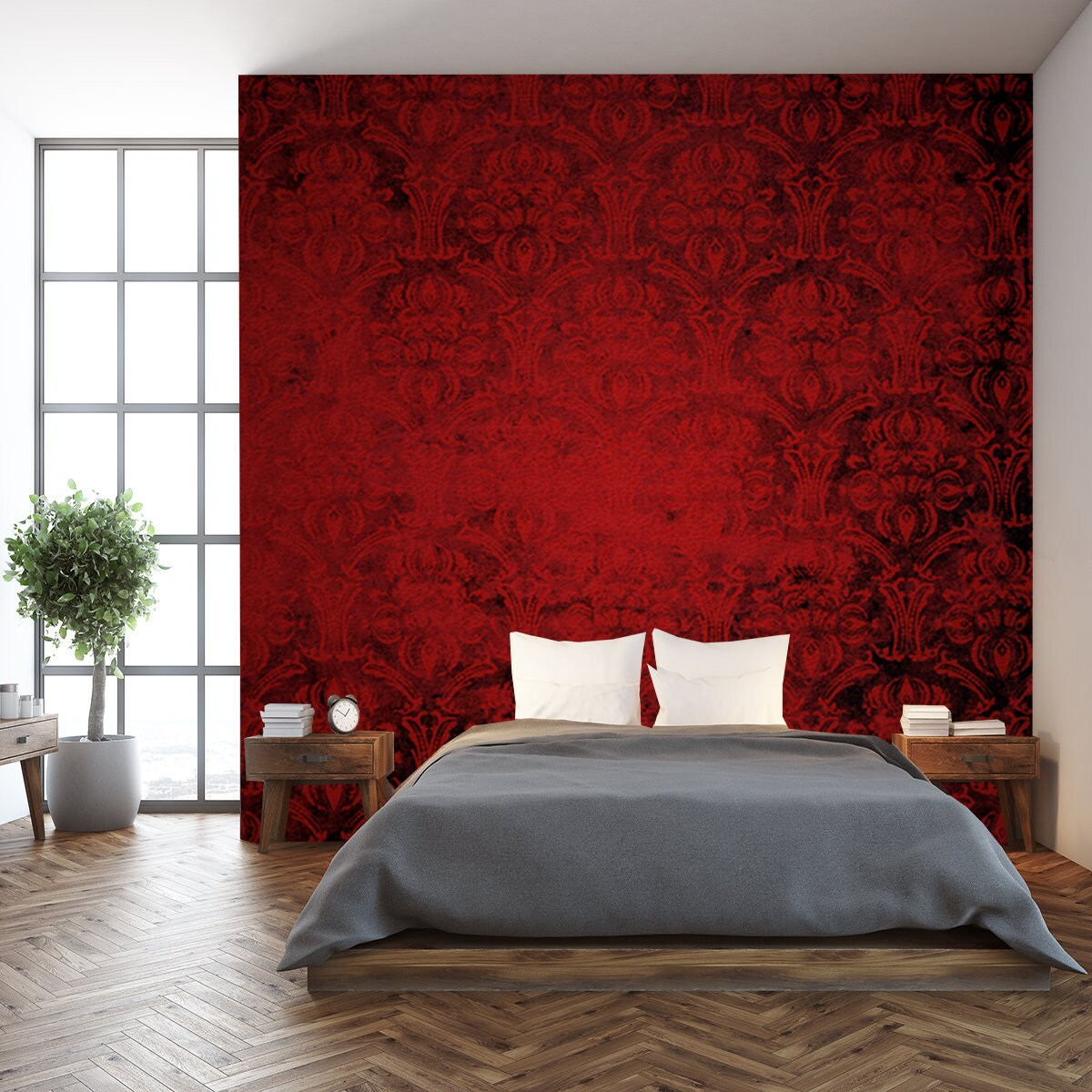 Red Grunge Seamless Ornamental Wallpaper, Floral Pattern Wallpaper