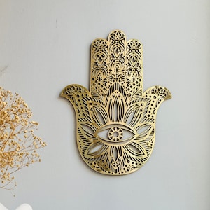 Gold Acrlyic Mirror Hamsa Wall Hanging, Living Room Home Decor, Sacred Conscious Meditation Awareness Symbol of Protection, Wood hamsa