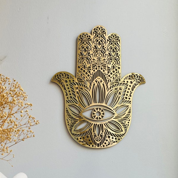 Gold Acrlyic Mirror Hamsa Wall Hanging, Living Room Home Decor, Sacred Conscious Meditation Awareness Symbol of Protection, Wood hamsa