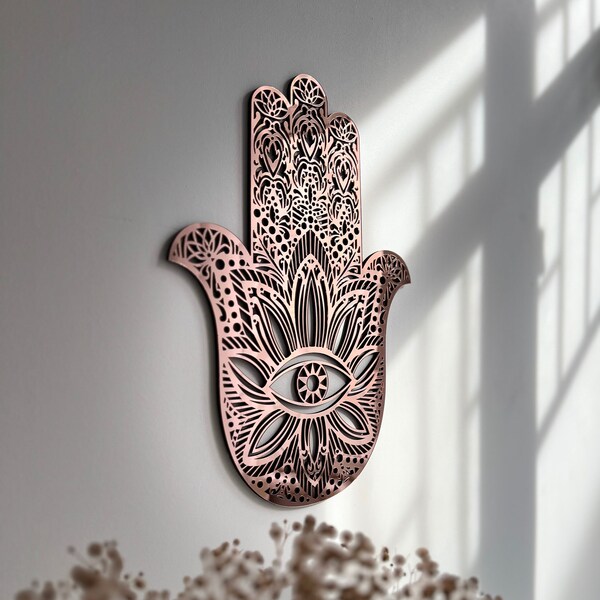 Rose Acrlyic Mirror Hamsa Wall Hanging, Living Room Home Decor, Sacred Conscious Meditation Awareness Symbol of Protection, Hand Wall Art