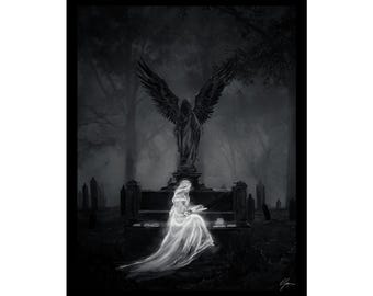 May include: Black and white art print depicting a spectral figure reading in a graveyard. An angel statue with outstretched wings stands in the background. The artwork evokes a gothic or fantasy theme.