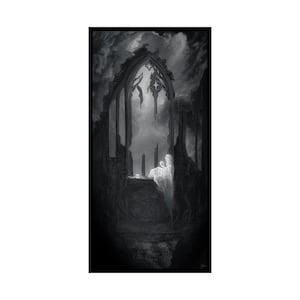 May include: A black and white illustration of a ghostly figure sitting in a ruined building with a large arched window. The figure is looking out the window at a cloudy sky.