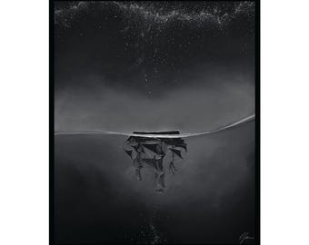 May include: A black and white illustration of a ship submerged in water with a starry night sky above. The ship is partially visible, with its sails and masts extending above the waterline. The stars are scattered across the dark sky, creating a sense of mystery and wonder.