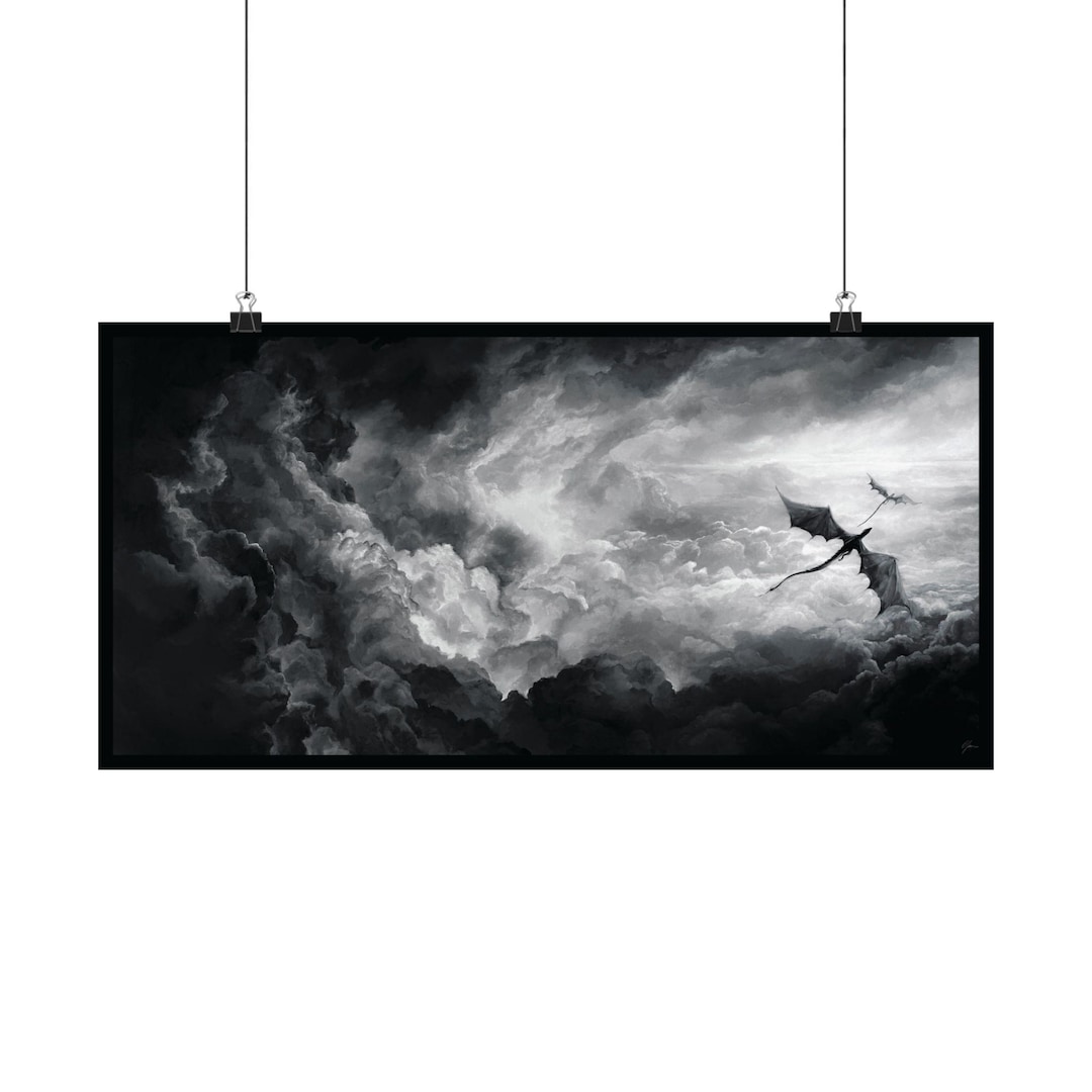 Out of the Storm by Olivia Rose James - Rebecca Yarros, Dragon, Black and White Painting, Fantasy Art - 30" x 15"