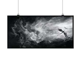 May include: Black and white art print depicting a dragon soaring through a dramatic, cloudy sky. The artwork features detailed shading and a sense of movement, with the dragon's silhouette prominent against the clouds. The print is displayed with a black border.