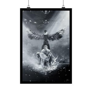 May include: A black and white art print depicting a central figure with large, dark, feathered wings standing behind another figure who is carrying a second person in their arms. The scene is set against a dark, moody background with light.