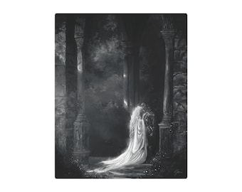 May include: Black and white artwork depicting a couple embracing in a gothic archway. The woman wears a flowing white gown with long, flowing hair. The man is in dark attire. The scene is set in a stone structure with pillars.