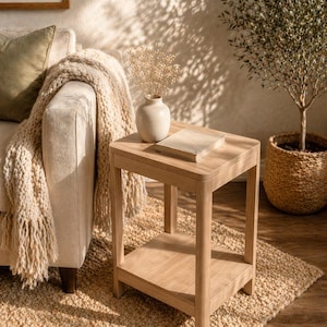 Puede incluir: Una mesa auxiliar de madera clara con un estante inferior, que sostiene un libro cerrado y un pequeño jarrón crema con flores secas. La mesa está sobre una alfombra de yute tejida, junto a un sofá beige.
