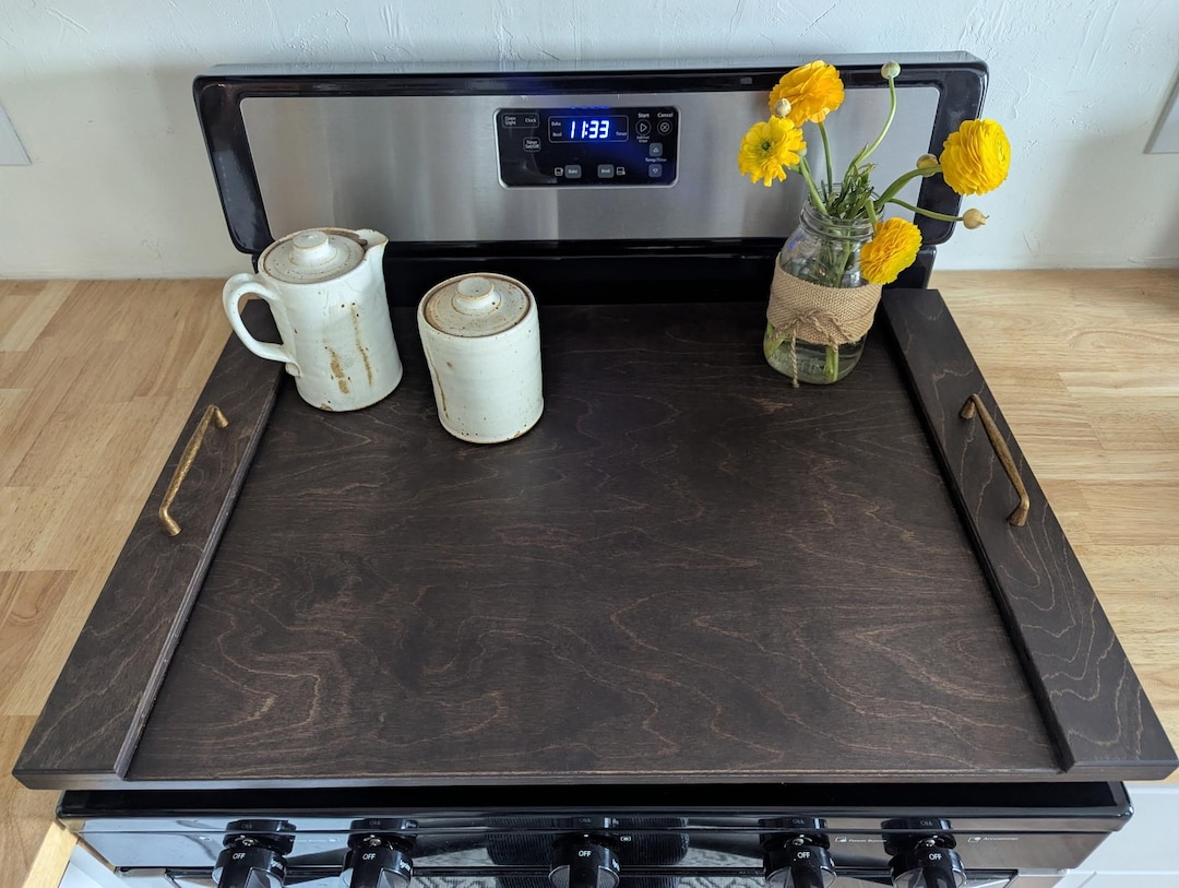 Wood Stove Top Cover – Farmhouse Noodle Board for Electric & Gas Ranges – Rustic Kitchen Counter Cover - Black, 30x22 inches