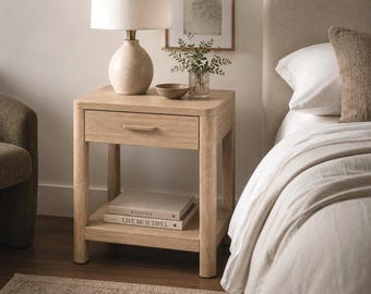 White Oak Nightstand, Solid Wood Bedside Table with Drawer & Shelf, Modern Japandi Nightstand, Handmade Scandinavian Bedroom Furniture