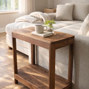 May include: A wooden side table with a lower shelf, holding a mug, a book, and a small vase with greenery. The table is made of dark wood and is placed next to a light-colored sofa. The room has natural light.