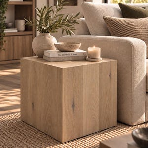 May include: A light brown wooden cube side table with a visible wood grain pattern. On top of the table sits a round textured vase with green foliage, a shallow stone bowl, two stacked books titled The Kinfolk Home and At Home, and a candle.
